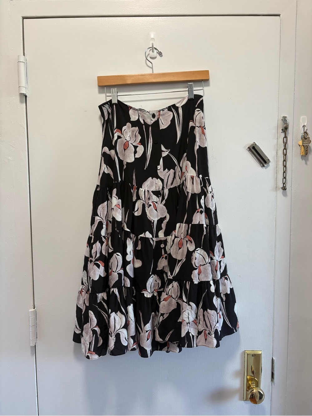 Jason Wu Black Tiered Midi Skirt with Grey & Coral Iris Floral Print